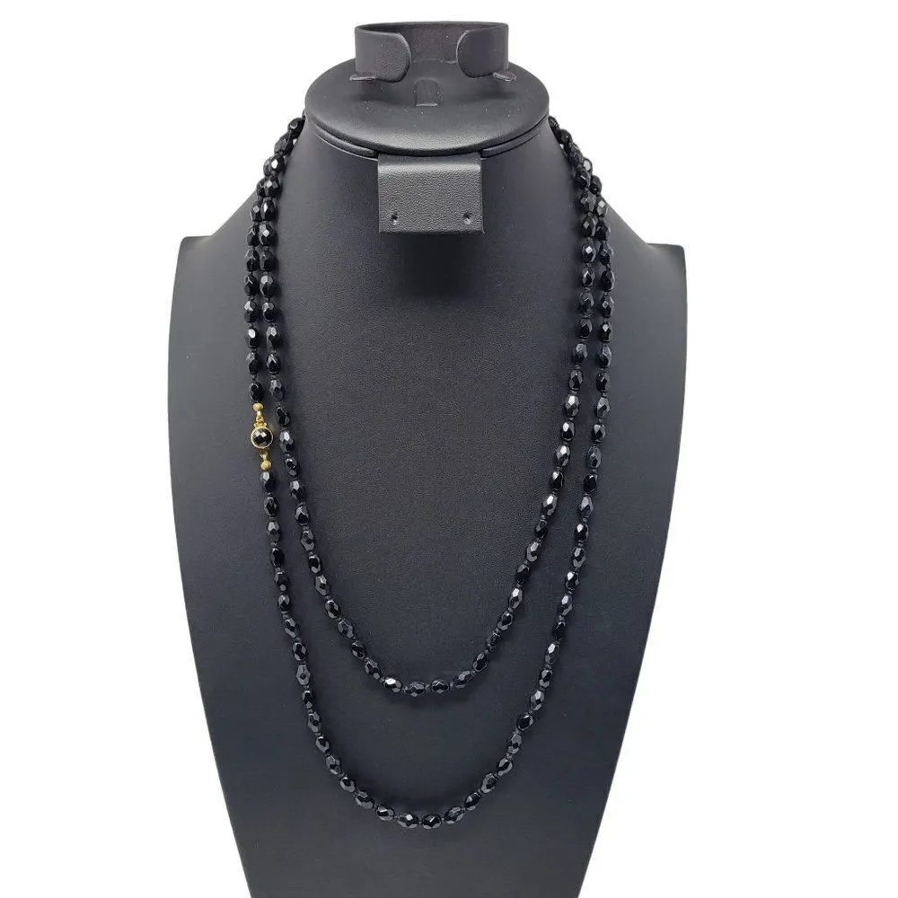 Vintage Signed Austrian Black Glass Beaded Flapper‎ Necklace Oblong Bicone Long